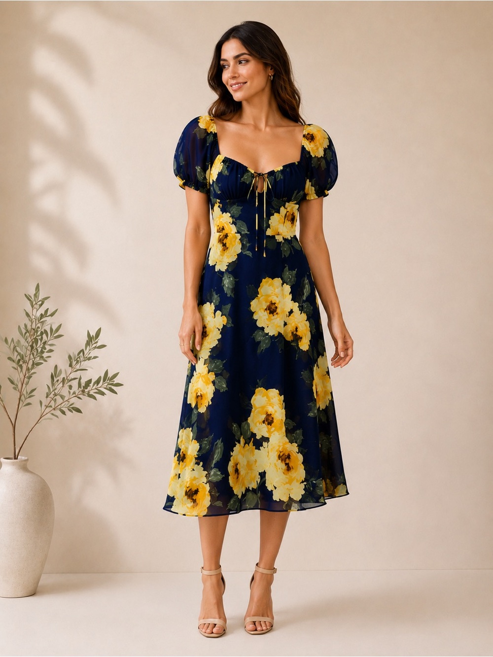B Darlin Navy Yellow Floral Midi Dress | Juniors 1/2 (XS)